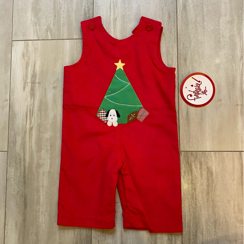 NWT Funtasia Too! Red Corduroy Christmas Tree Appliqué Longall Romper, boys 9M